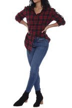 GUANYY Women's Classic Plaid Button Down Shirt - Loose Fit and Long Sleeves (Red Black Plaid, Large)