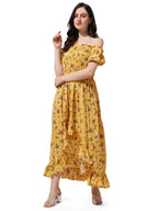 Oomph! Flared Dress For Women Stylish | Long One Piece For Women | Off Shoulder Puff Sleeve Long Dress | Floral Print Maxi One P