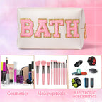 Y1tvei Preppy Patch BATH Letter Cosmetic Toiletry Bag PU Leather Portable Makeup Bag Sewn with Felt Varsity Letter Patches Water