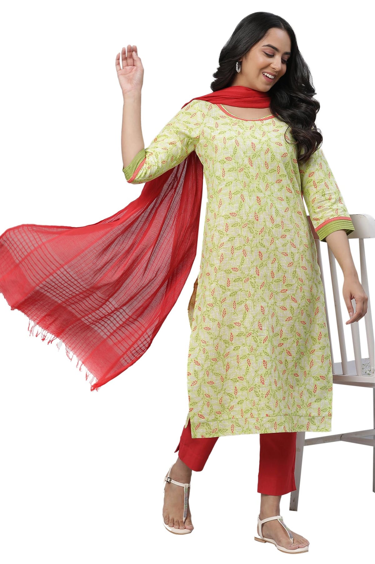 Aurelia Womens Green Leaf Printed Pure Cotton Straight Kurta and Trouser Set (size:S)-VCSTB2A-10045