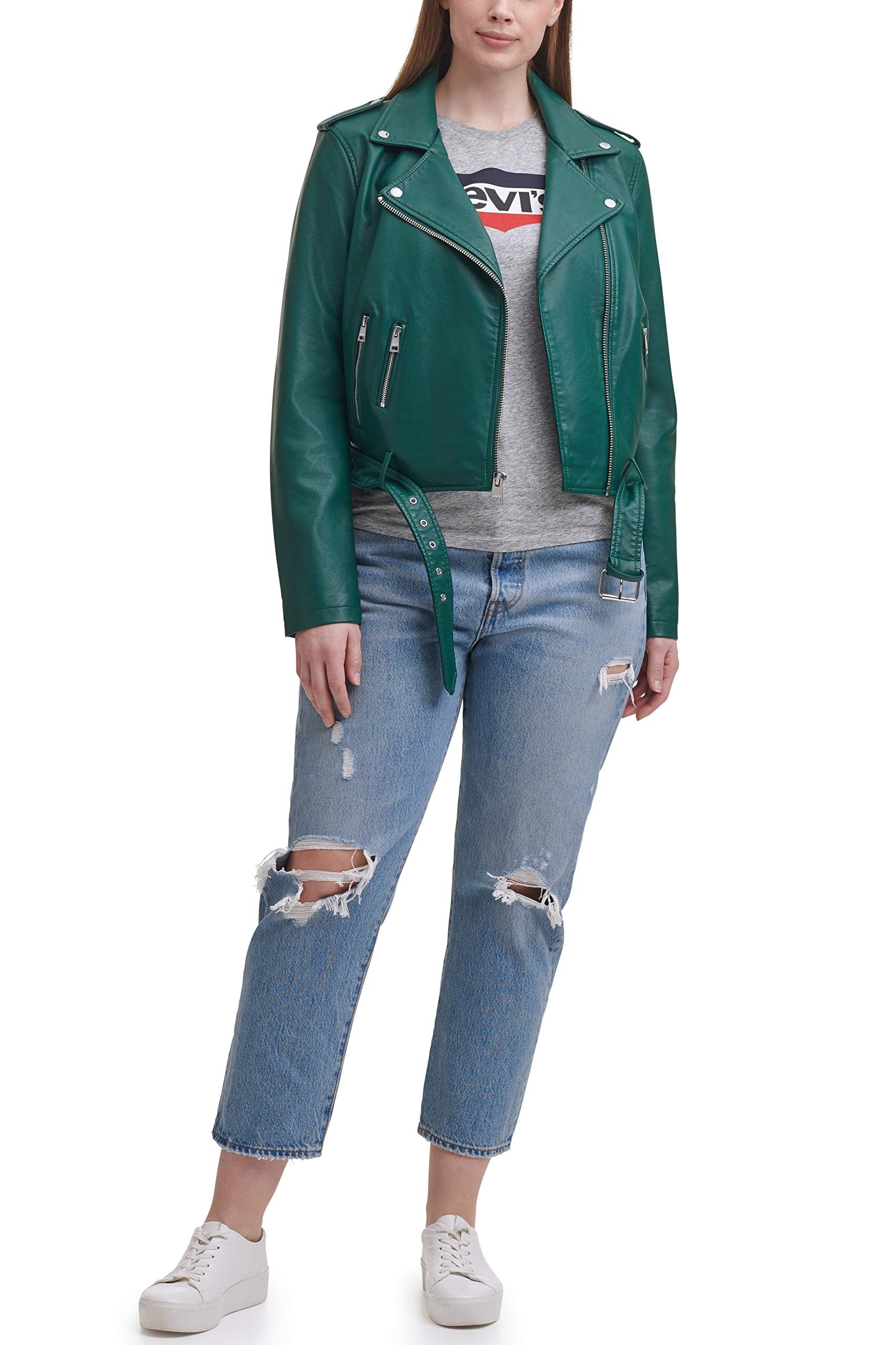 Levi's Women's Faux Leather Belted Motorcycle Jacket (Standard and Plus Sizes), Forest Biome, 1X