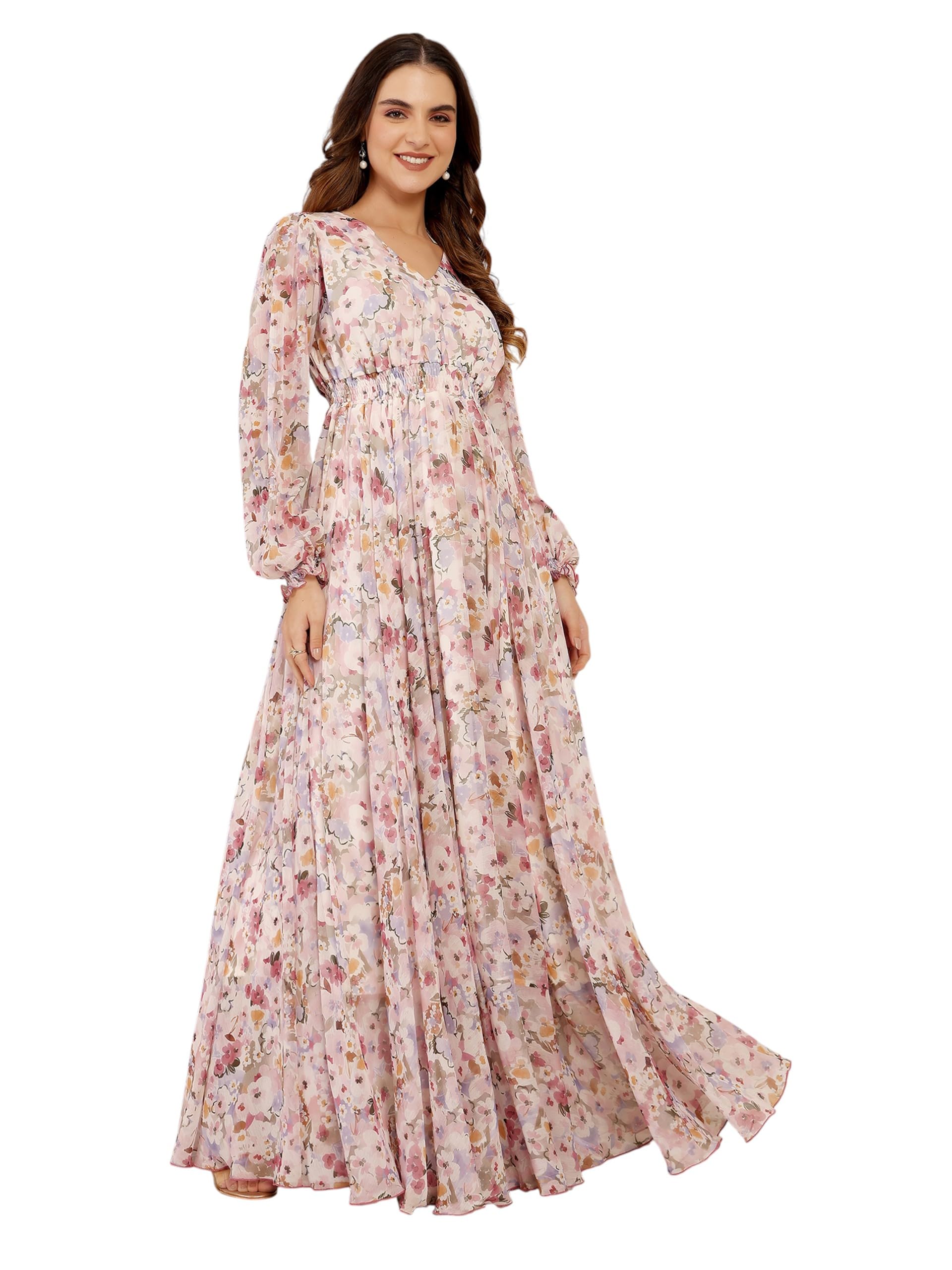 Miss Chase Womens V-Neck Smocked Bishop Sleeve Floral Gathechiffon Maxi Dress (Mcaw25D84-73-Wxh-04, Multicolored Base Fairy Pink