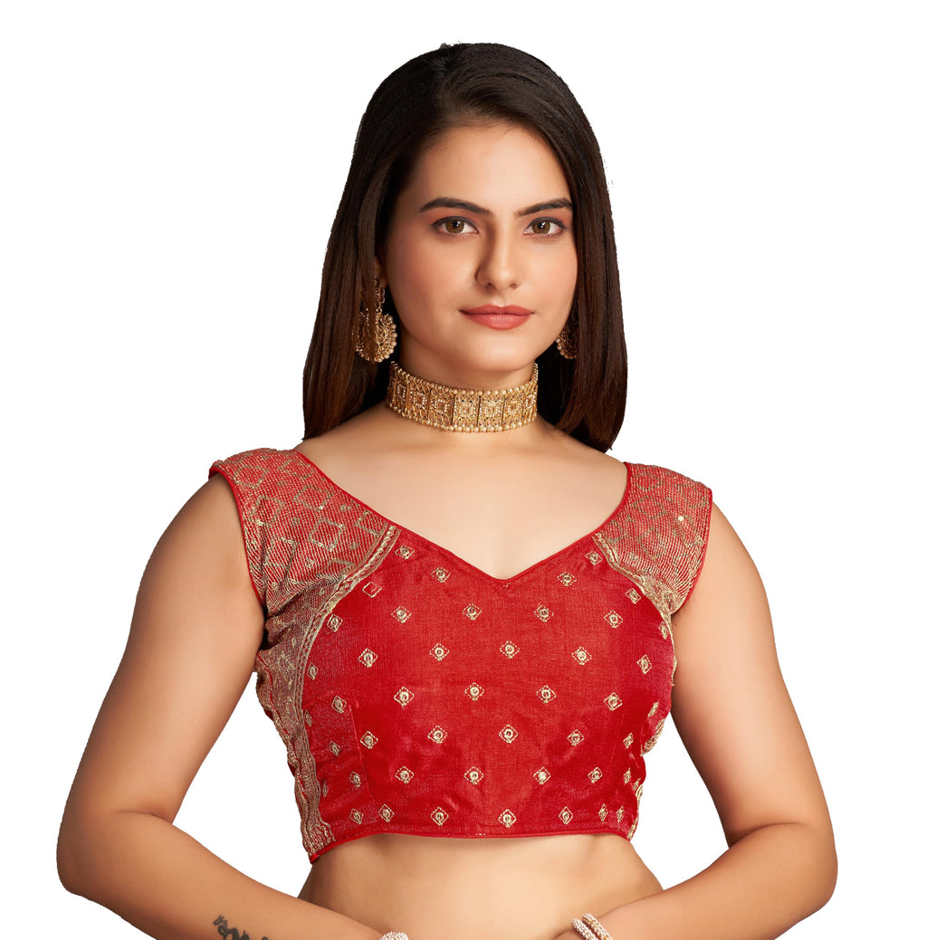 Pujia Mills WomenS Sequin Embroidered V Neck Sleeveless Red Readymade Saree Blouse Indian Ethnic Stitched Padded Blouses For Wo
