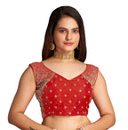 Pujia Mills WomenS Sequin Embroidered V Neck Sleeveless Red Readymade Saree Blouse Indian Ethnic Stitched Padded Blouses For Wo