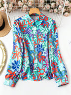 Shasmi Girls & Womens Solid Sea Green Colorful Casual Fit Lapel Cardigan Shirt Colorful Flower Printed Long Sleeve Shawl Colla