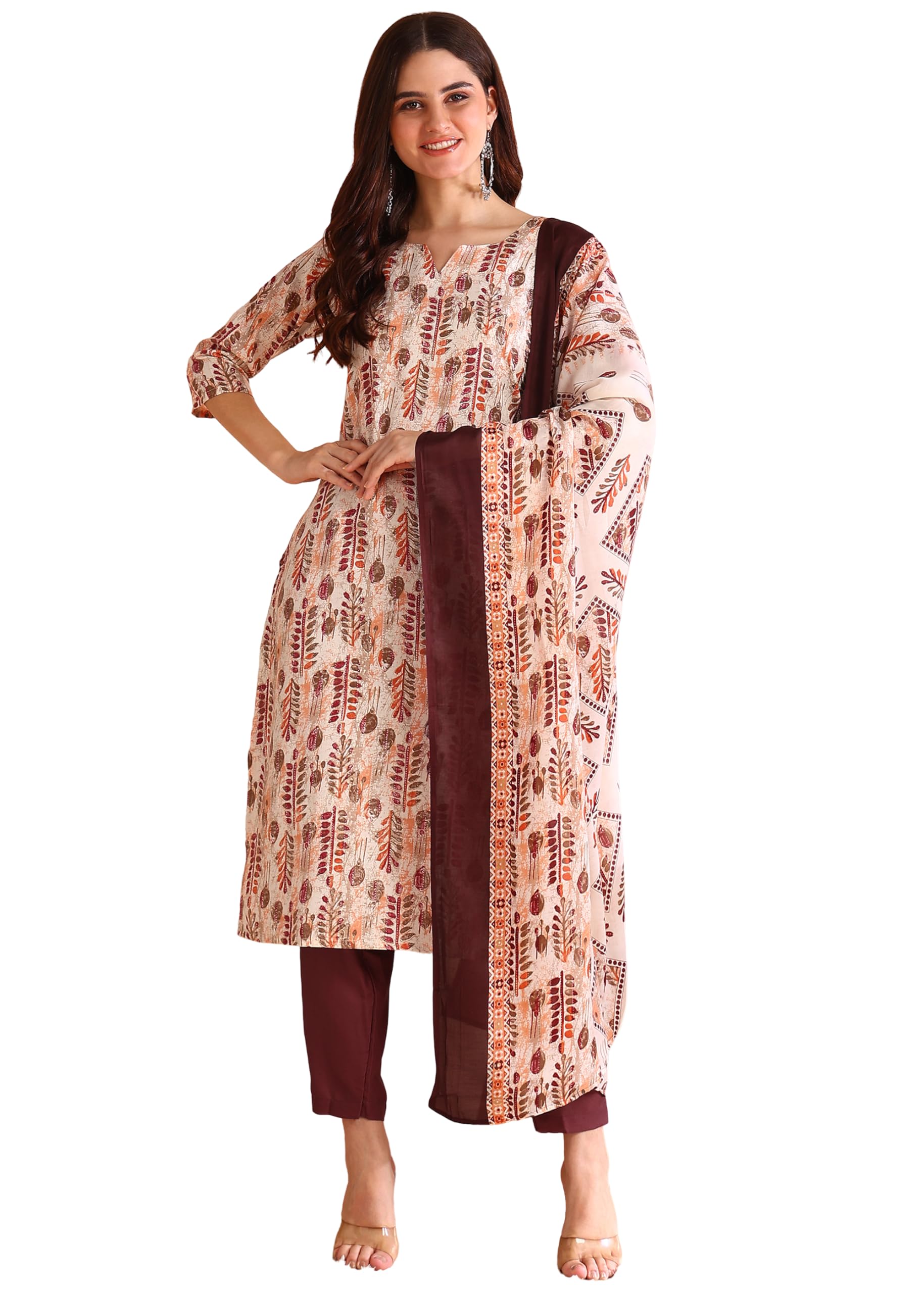 Memore WomenS Poly Rayon Floral Printed Kurta Pant Dupatta Set With V Neck 3/4 Sleeves Straight Calf Length And Soild Bottom El