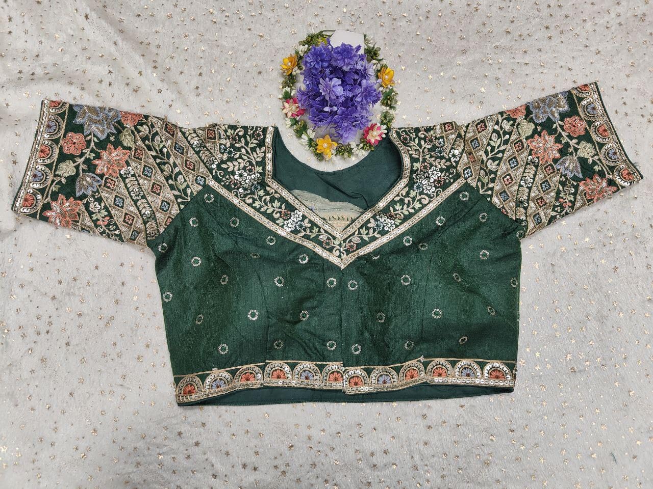 Pujia Mills WomenS Ethnic Wear Golden Codding With Multi Embroidery Sequence Work Sweetheart Neck Half Sleeve Readymade Bridal