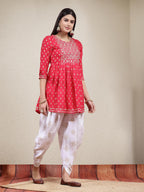 Stylum WomenS Printed & Embroidered Rayon Kurti With Dhoti Pant