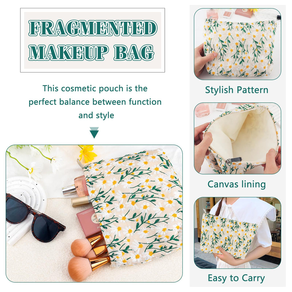 ZLFSRQ Daisy Flower Makeup Bag Travel Cute Floral Cosmetic Bag for Women Girls Small Embroidery Makeup Zipper Portable Storage T