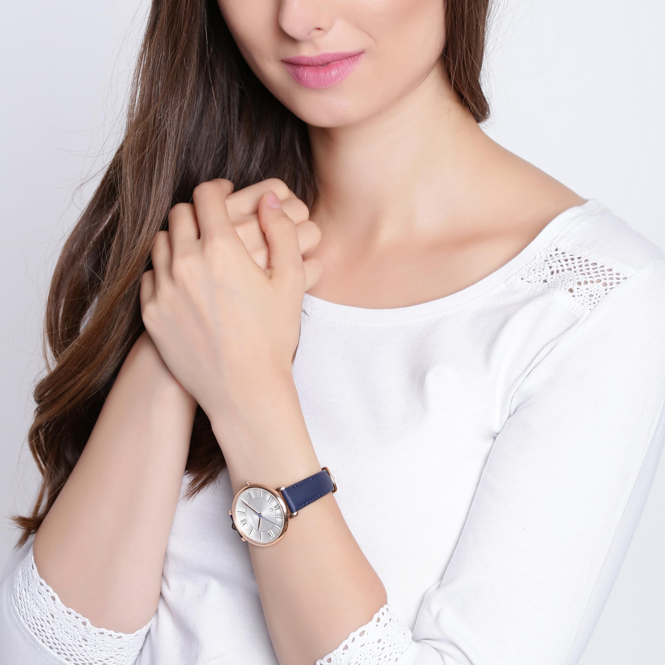 Fossil Women's Jacqueline Quartz Stainless Steel and Leather Watch, Color: Rose Gold, Navy (Model: ES3843)