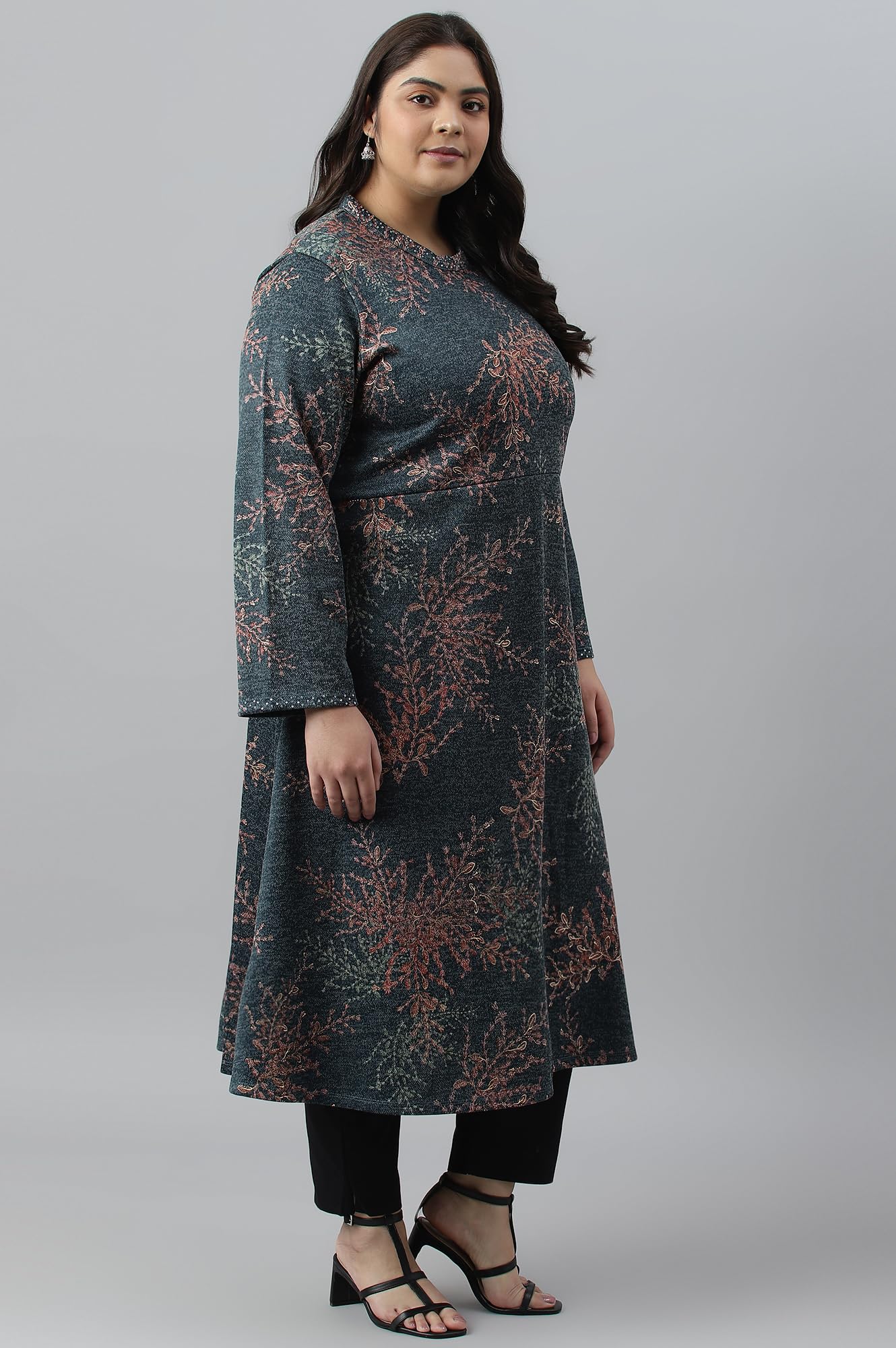 W For Woman Dark Blue Light Festive Jacquard Plus Size Winter Kurta