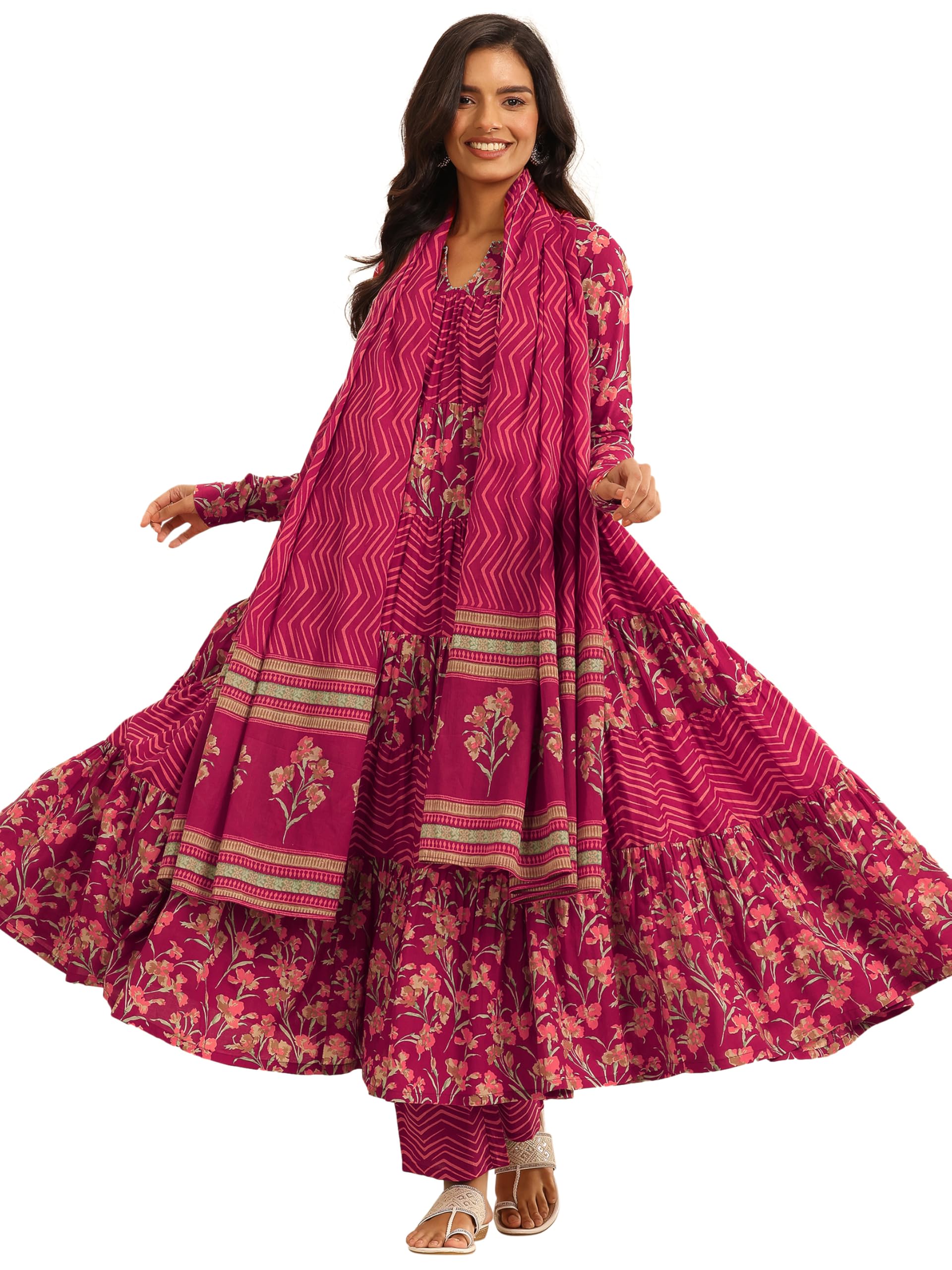 Red Floral Anarkali Kurta With Pocket And Chevron Printed Trouser With Printed Dupatta