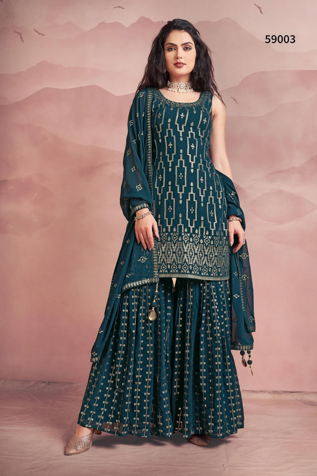 Xomantic Fashion WomenS Georgette Dupatta Xf-2267 Kurta Sharara Set_Teal