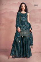 Xomantic Fashion WomenS Georgette Dupatta Xf-2267 Kurta Sharara Set_Teal