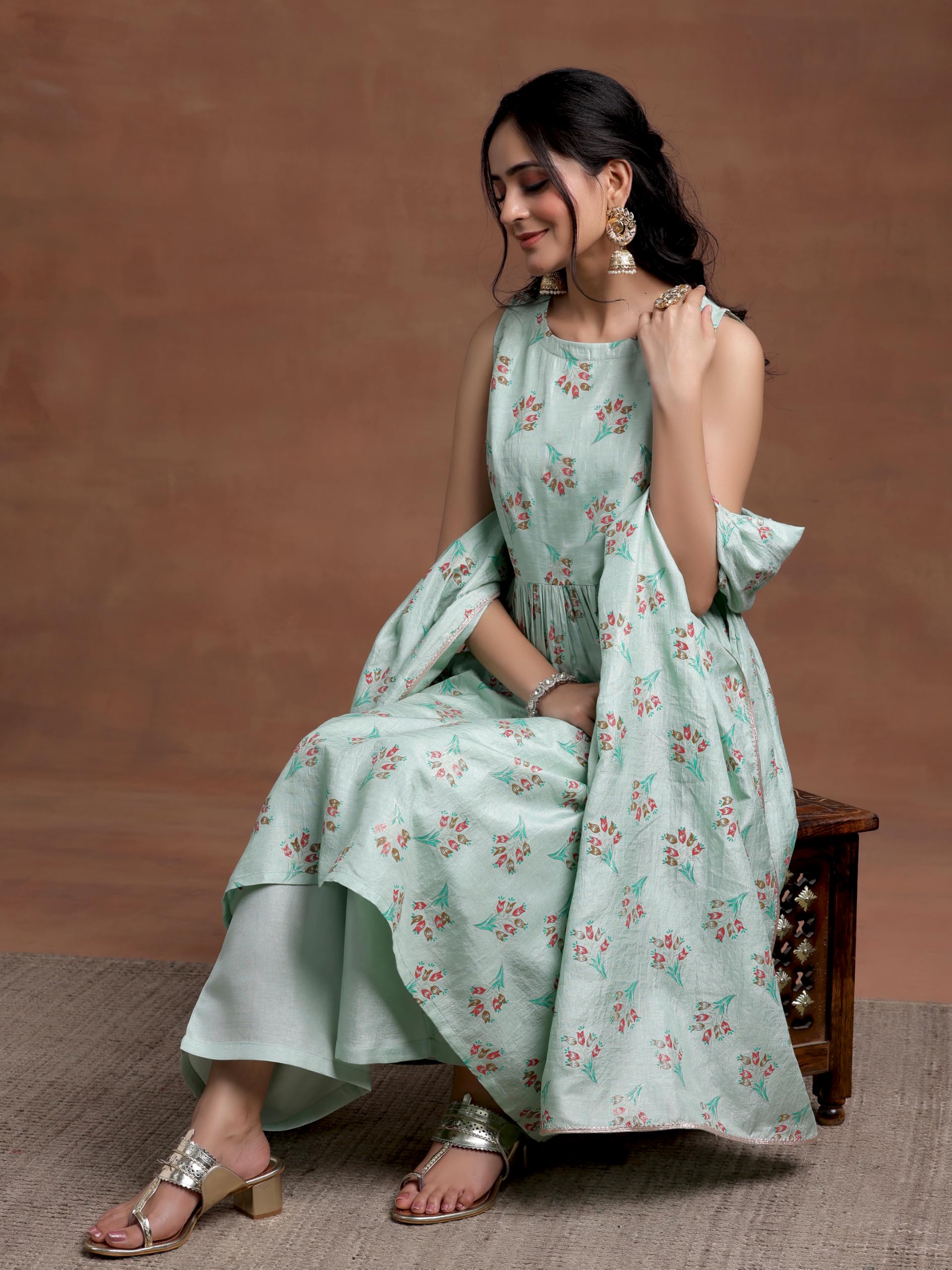 Libas Womens Printed Silk Blend A-Line Kurta With Palazzos And Dupatta