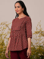 Libas Maroon Printed A-Line Cotton Kurtis