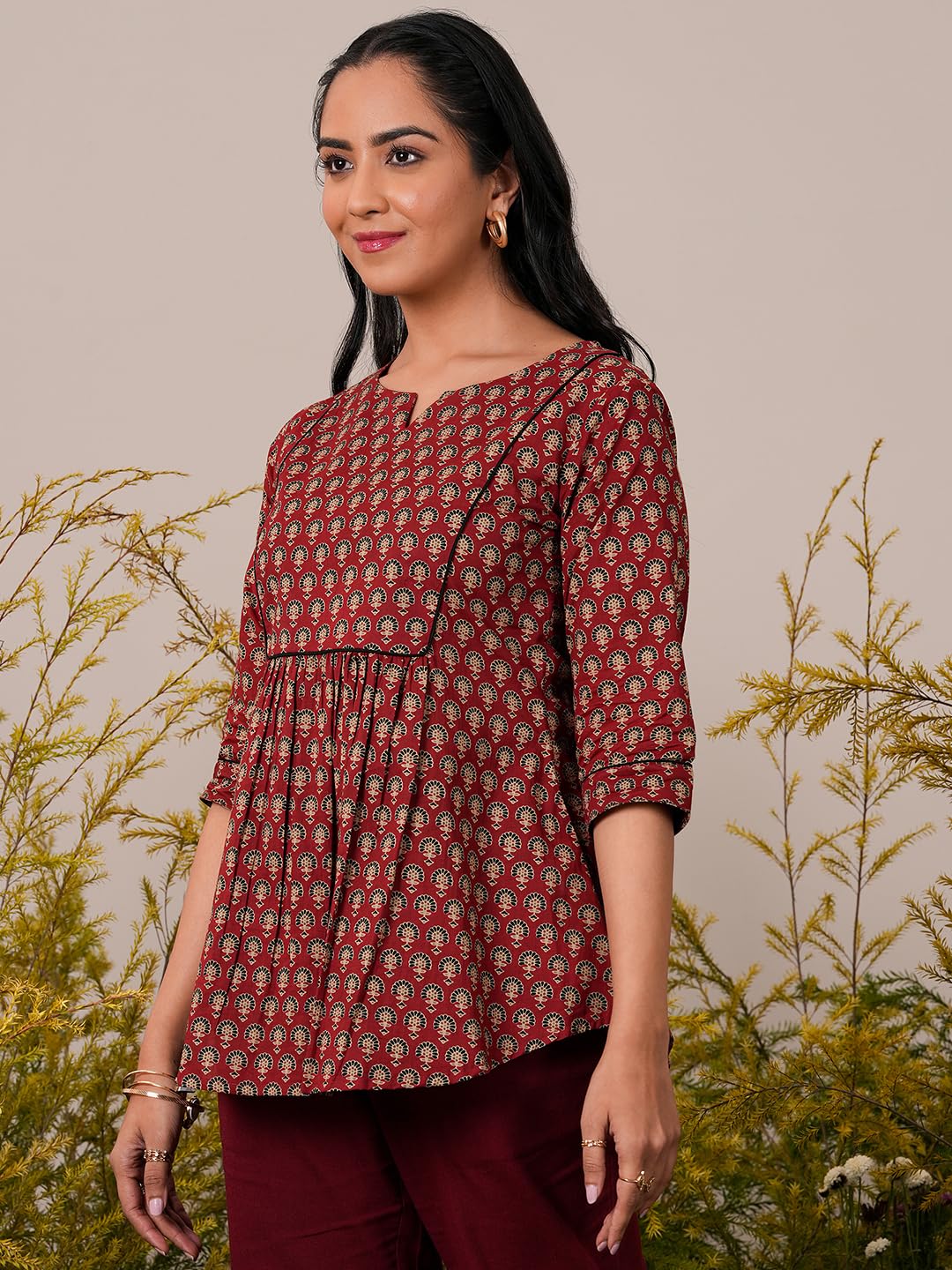 Libas Maroon Printed A-Line Cotton Kurtis