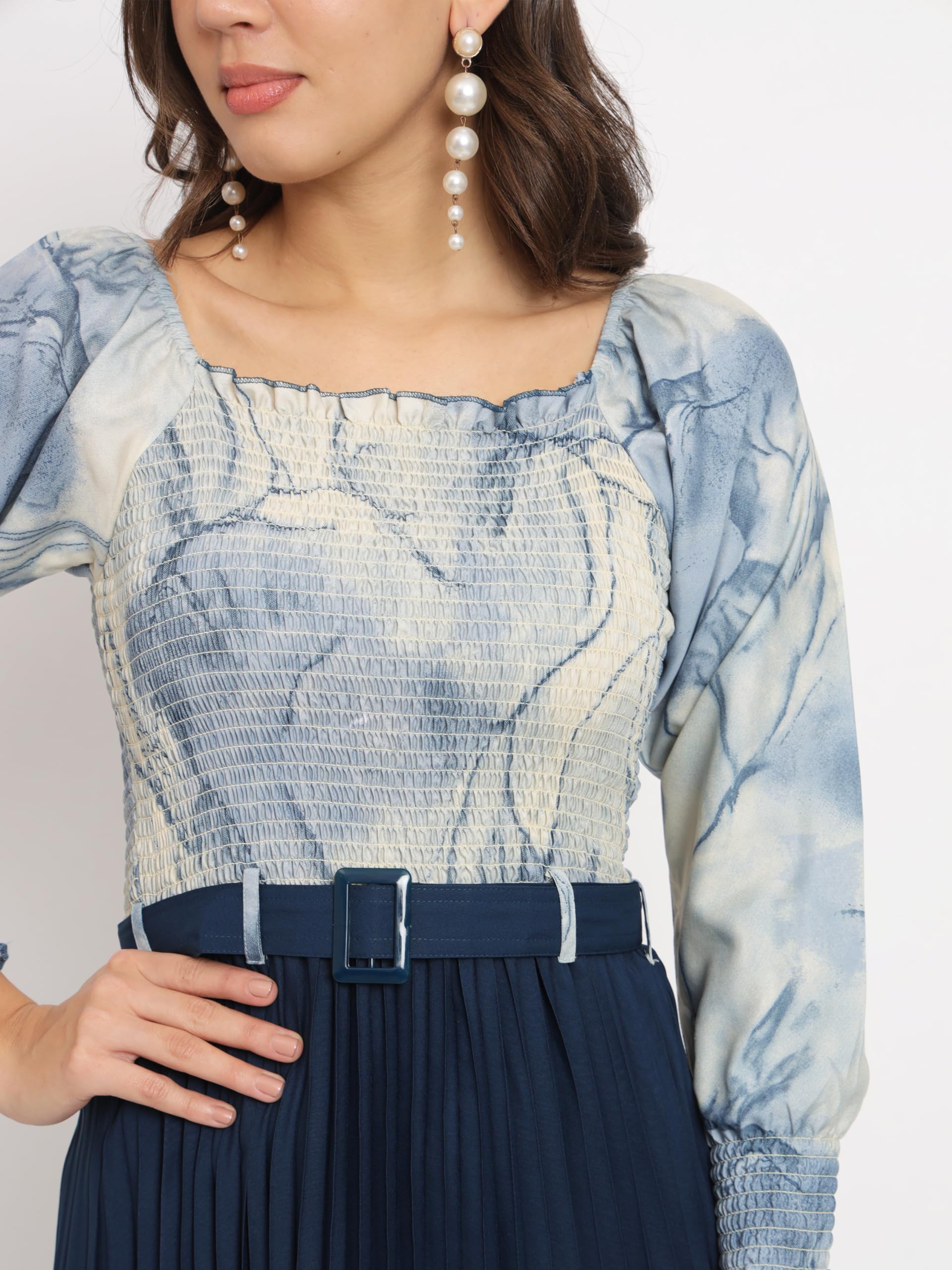 KZULLY Women A-Line Knee-Length Dress with Pleats, Has an Square Neck, Printed Top Comes with A Belt Blue