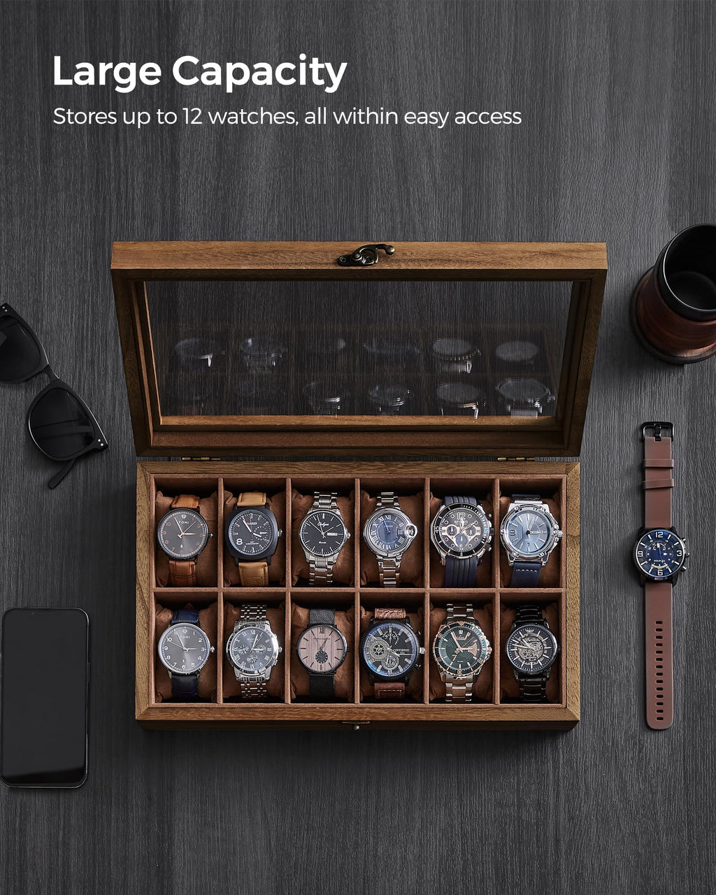 SONGMICS Watch Box, 12-Slot Watch Case, Solid Wood Watch Box Organizer with Glass Lid, Watch Display Case with Removable Pillows