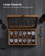SONGMICS Watch Box, 12-Slot Watch Case, Solid Wood Watch Box Organizer with Glass Lid, Watch Display Case with Removable Pillows