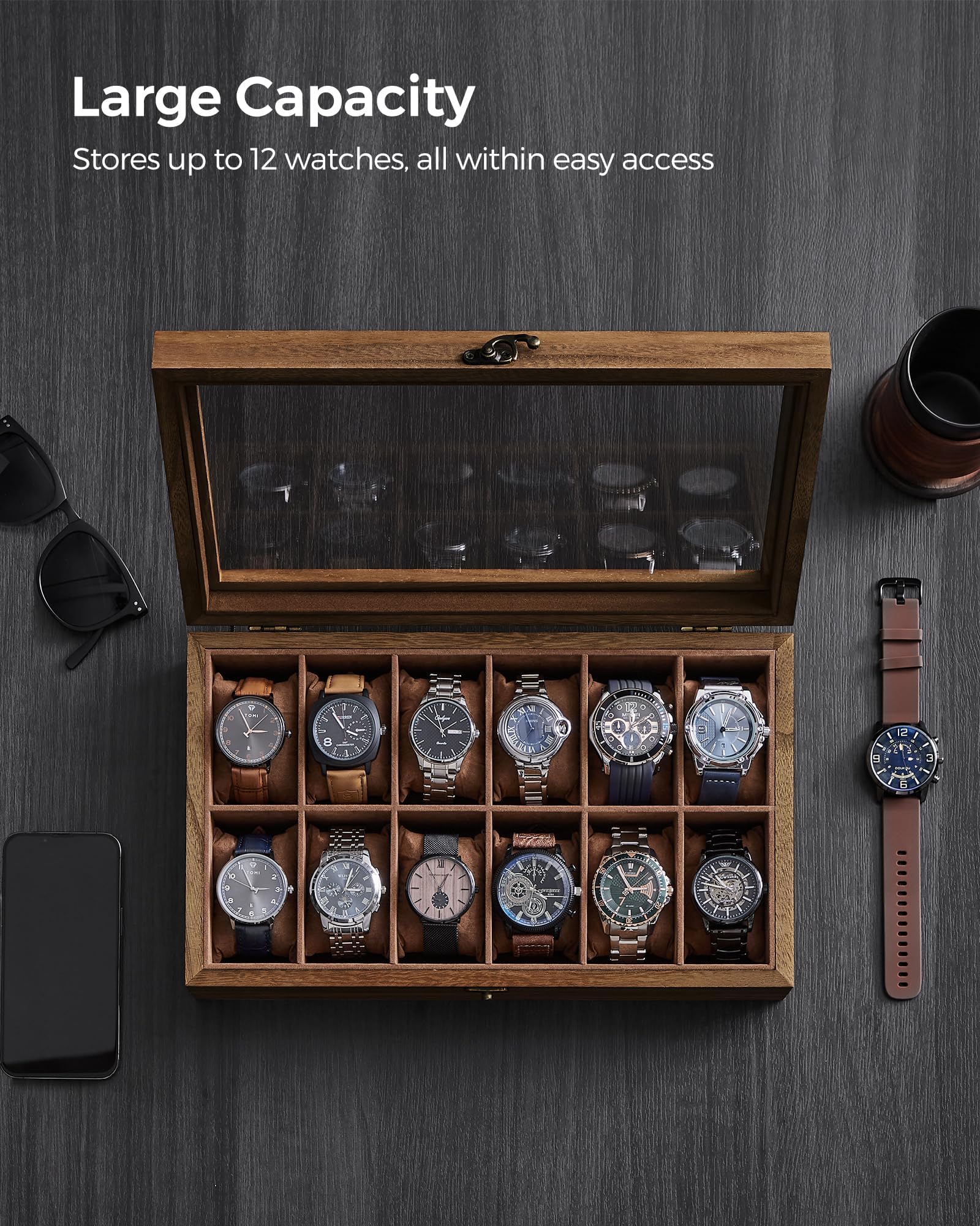 SONGMICS Watch Box, 12-Slot Watch Case, Solid Wood Watch Box Organizer with Glass Lid, Watch Display Case with Removable Pillows