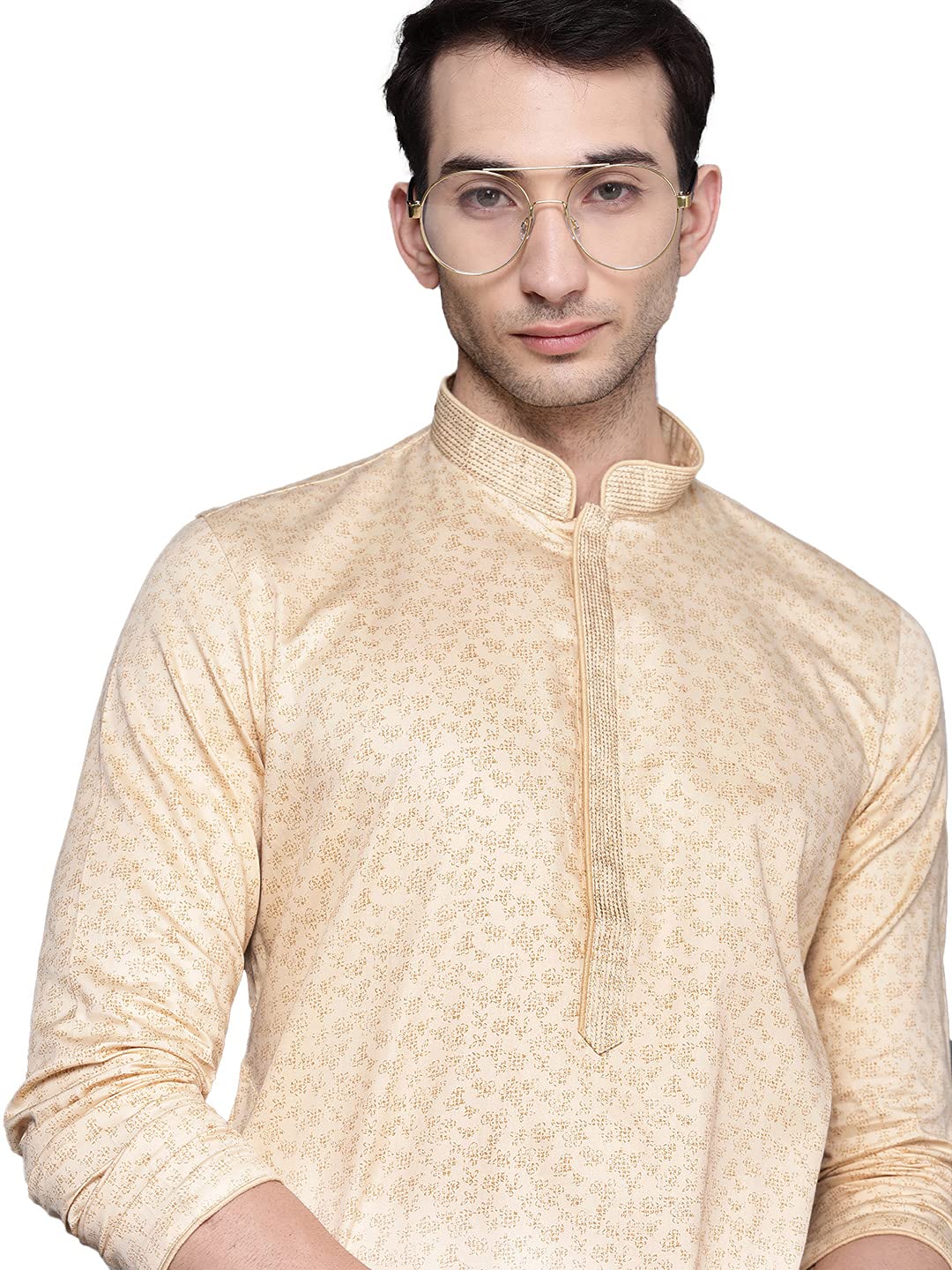 Manyavar SelfDesign Floral Print Knee Long Kurta and Churidar Set for Men - (Fawn, Large)