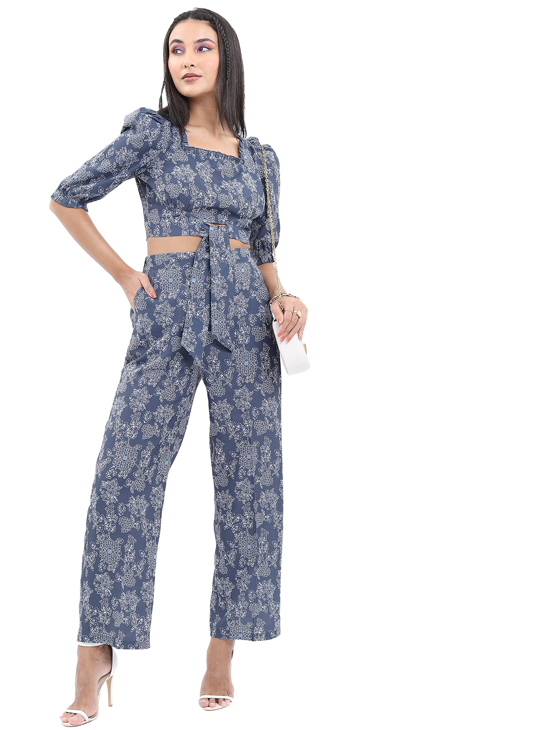 Ketch Polyester Women Crop Top With Kaftan And Pant (Suit-Skirt Set Blue, Printed, Large