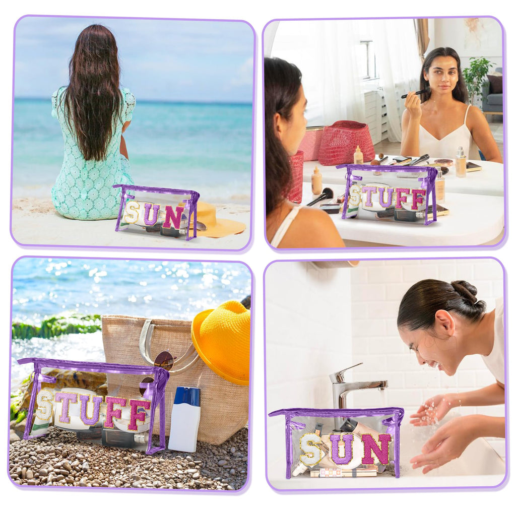 Y1tvei SUN STUFF Makeup Bag - 2Pcs Preppy Patch Chenille Varsity Letter Transparent PVC Extra Large Clear Cosmetic Pouch Portabl