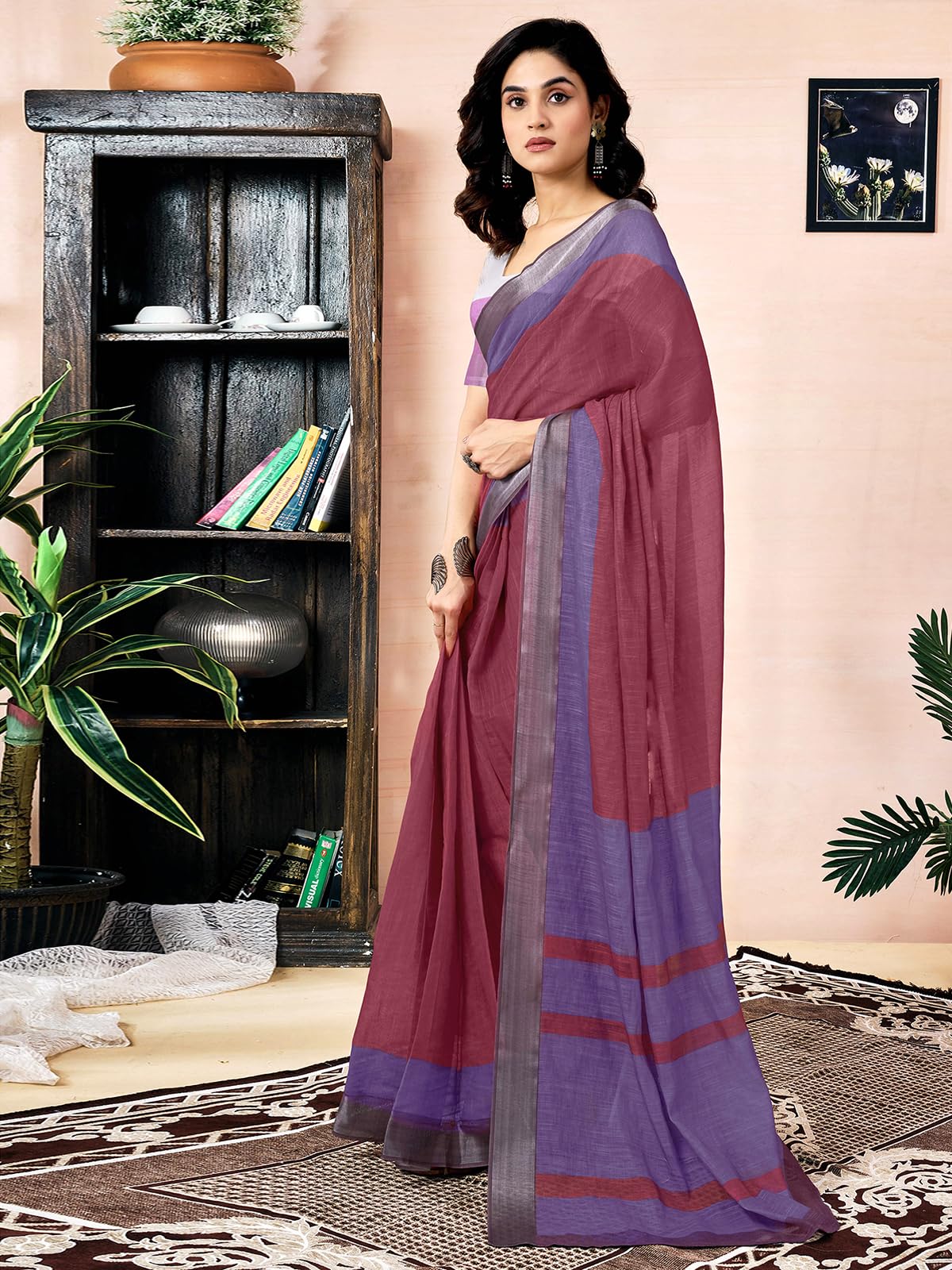 Satrani Womens Linen One Minute Pre Stitched Zari Stripe Border Printed Ready To Wear Saree With Attached pocket & Unstitched B