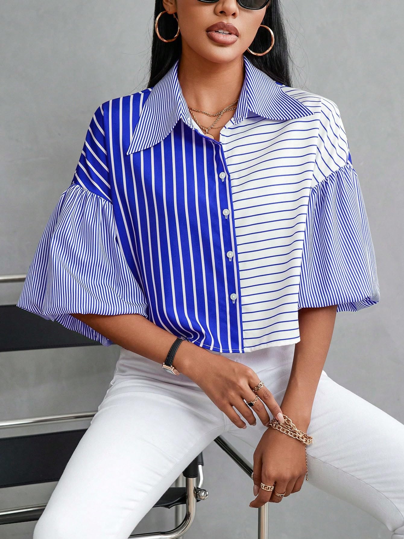Shasmi Womens Random Striped Print Button Up Casual Shirt with Lapel Collar, Womens Fashion Striped Design Versatile Short Bat