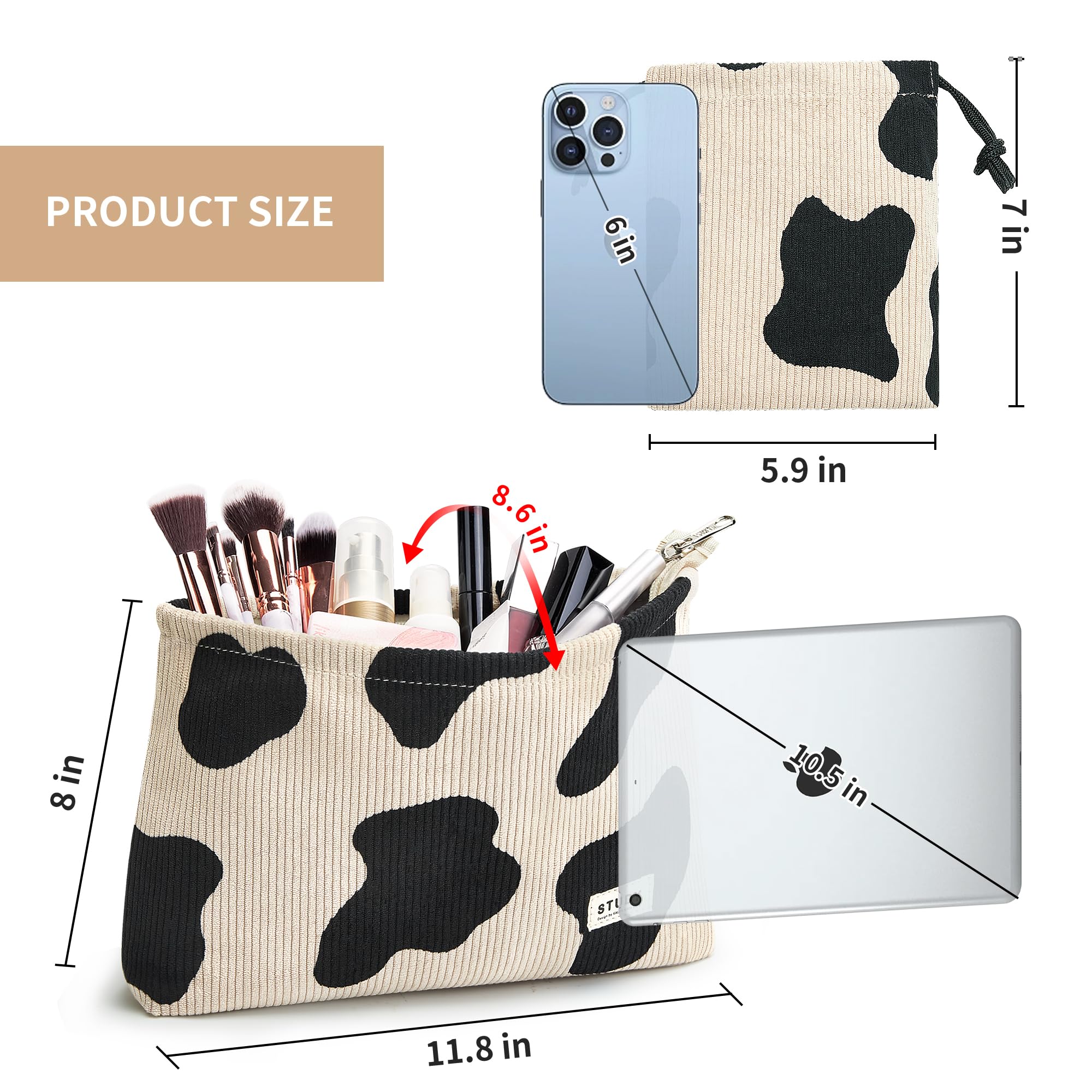 WLLWOO Makeup Bag-2pcs Cow Corduroy Cosmetic Bag Zipper Interior Waterproof Pencil Case Coin Purse Travel Toiletry Small Makeup