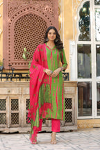 ANNI DESIGNER Ladies Cotton Blend Kurta with Trousers and Dupatta, green, S