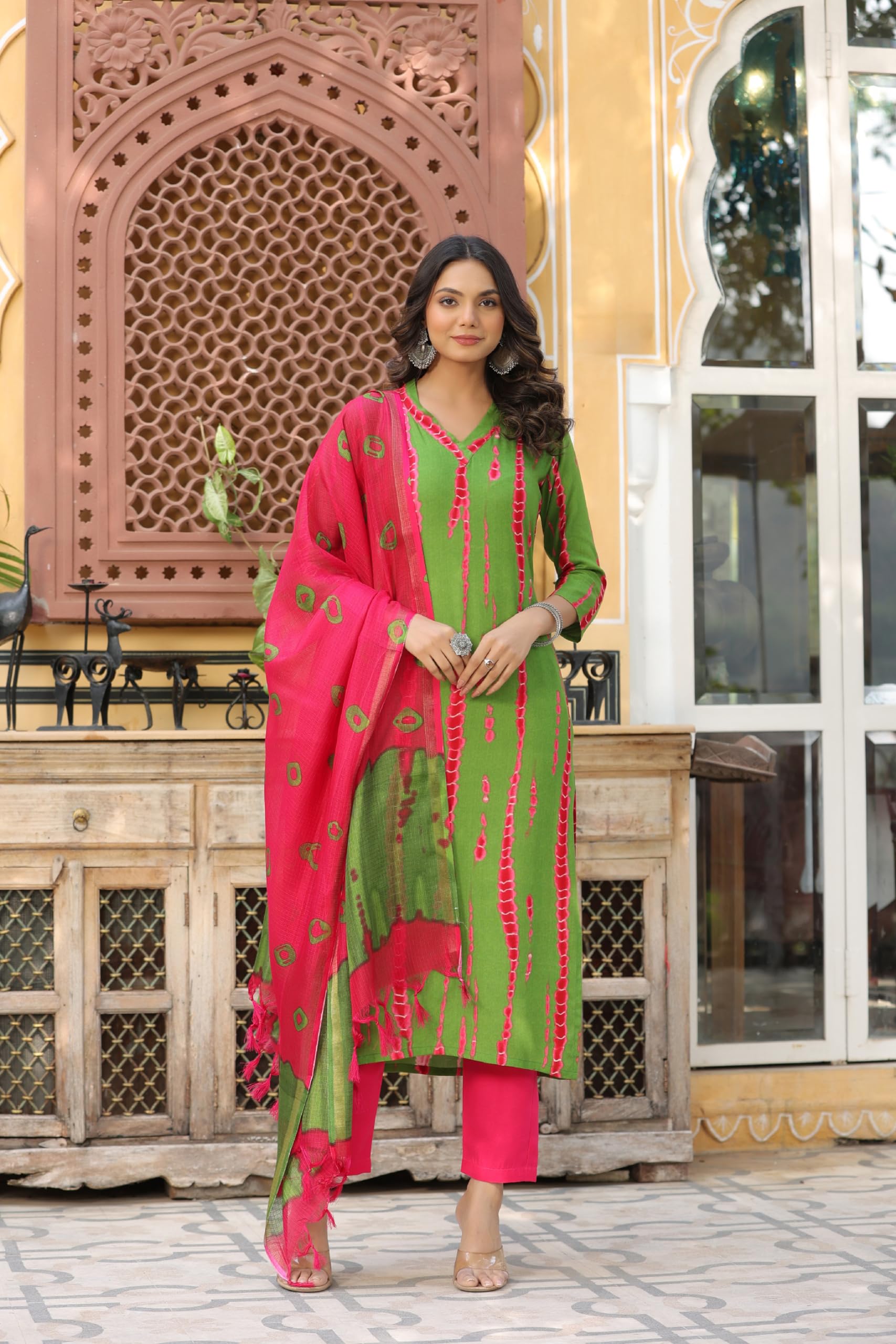 ANNI DESIGNER Ladies Cotton Blend Kurta with Trousers and Dupatta, green, S
