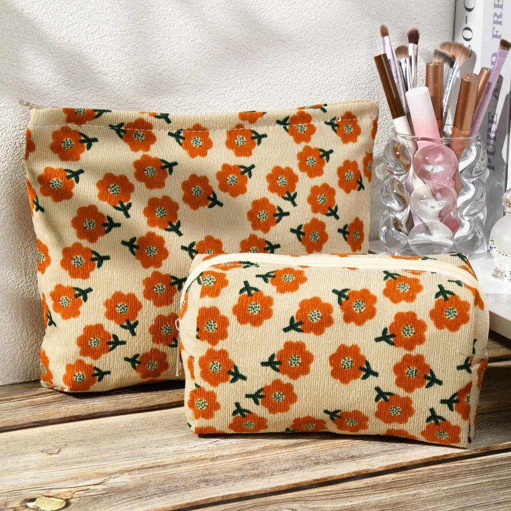 SOIDRAM 2 Pieces Flower Makeup Bag Large Corduroy Cosmetic Bag Capacity Canvas Mix Travel Toiletry Bag Organizer Cute Makeup Bru