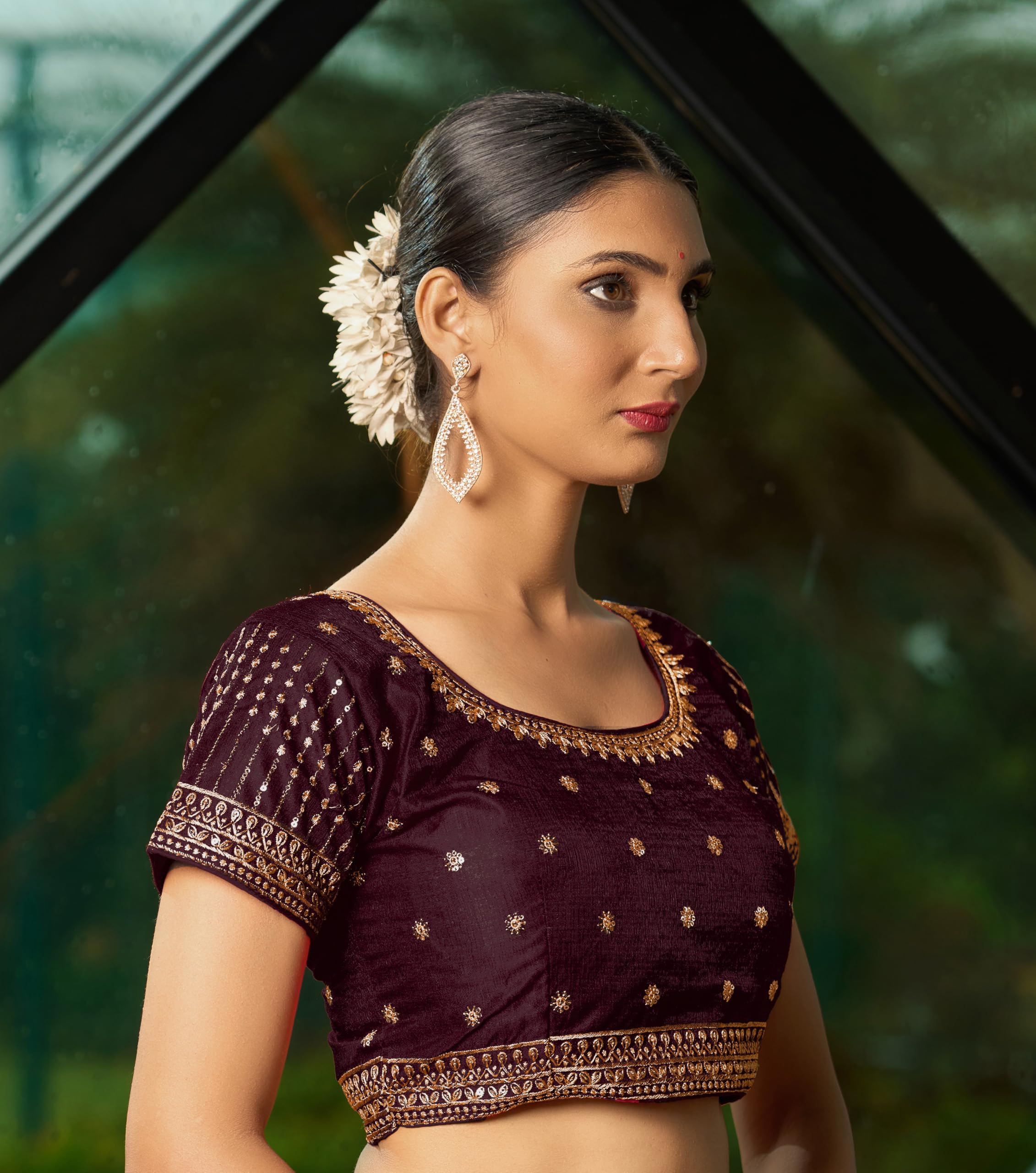 Pujia Mills WomenS Maroon Readymade Blouse Embroidery Multi Coding Gold Thread Indian Ethnic Designer Blouse Stitched WomenS R