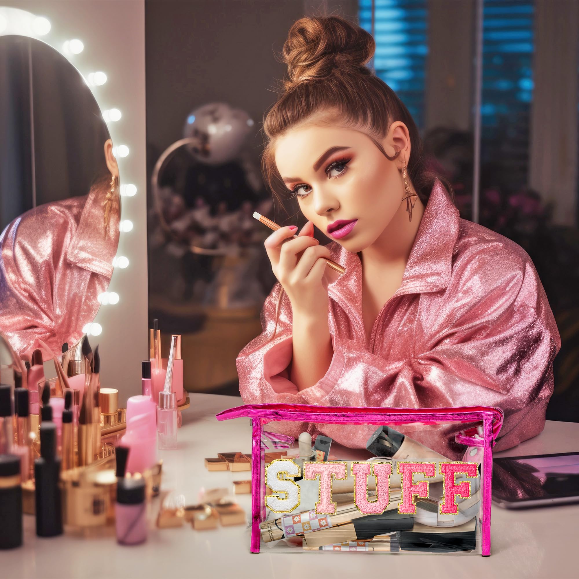 Y1tvei STUFF Large Makeup Bag - Preppy Patch Chenille Varsity Letter Transparent PVC Clear Extra Large Cosmetic Pouch Portable W