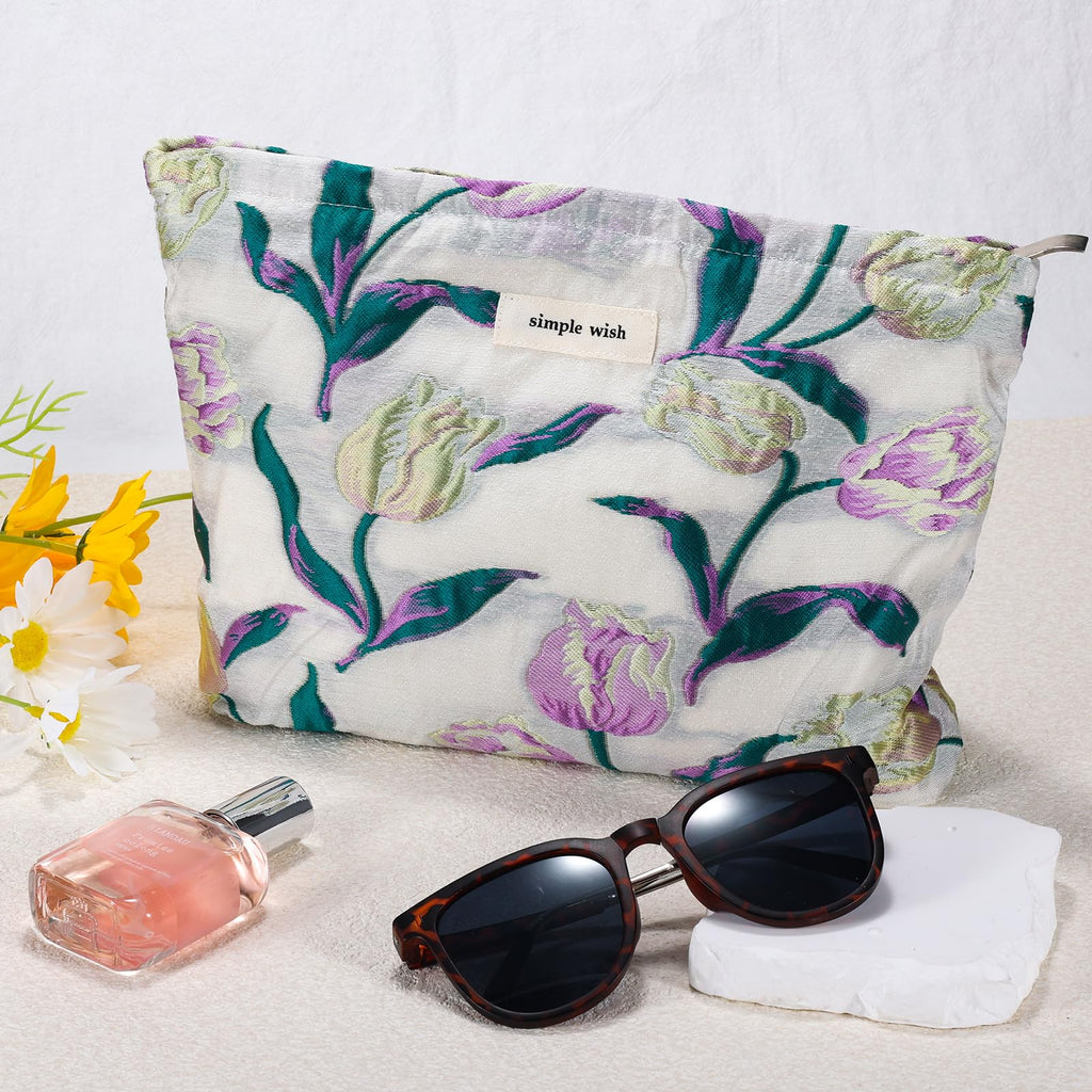 ZLFSRQ Tulip Makeup Bag Travel Cute Purple Flower Floral Cosmetic Bags for Women Large Embroidery Makeup Pouch Zipper Cosmetic P