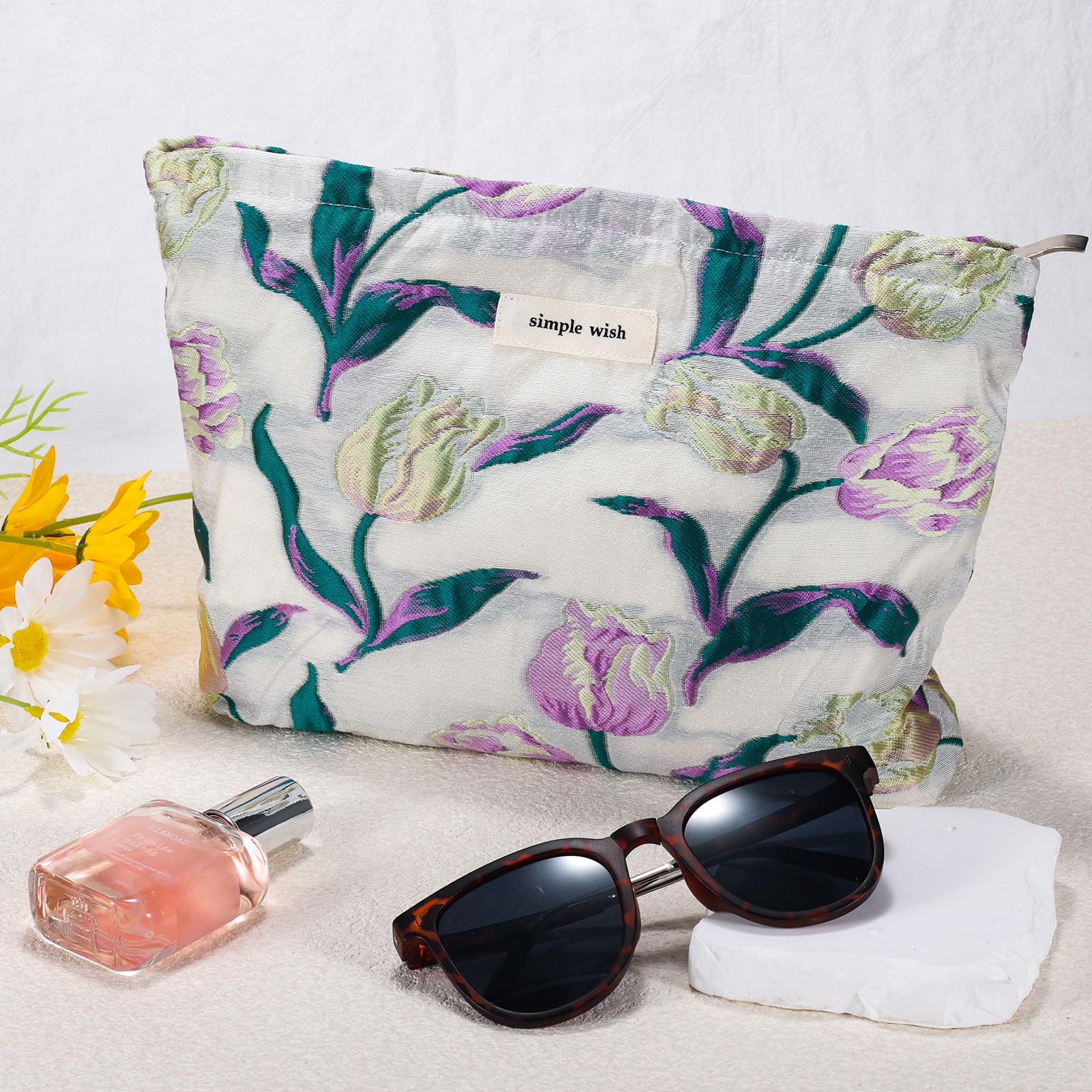 ZLFSRQ Tulip Makeup Bag Travel Cute Purple Flower Floral Cosmetic Bags for Women Large Embroidery Makeup Pouch Zipper Cosmetic P