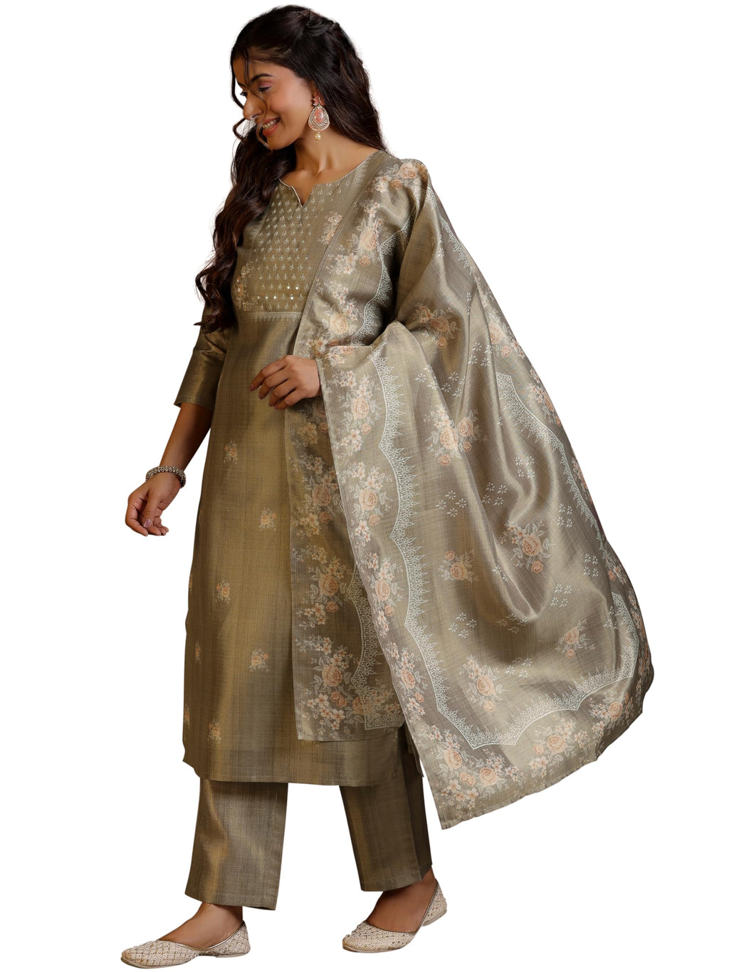 Libas Womens Printed Silk Straight Kurta With Trousers And Dupatta