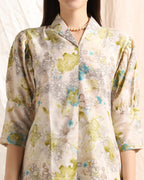 Leriya Fashion Soft Cotton Blend Floral Foil Print Puff Sleeve Shawl Collar Straight Kurta Pant Set for Women Causal Festival Of