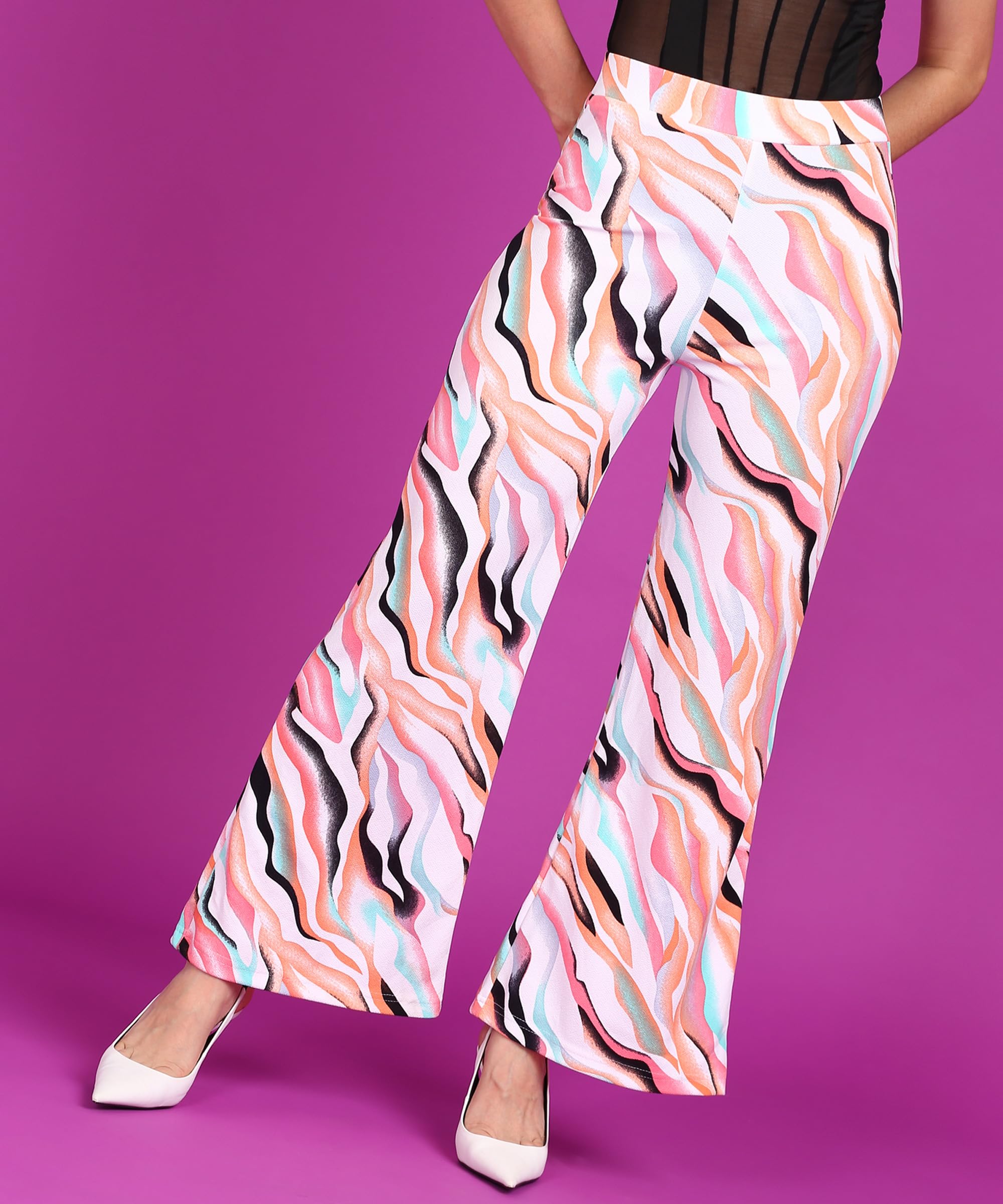 POPWINGS Casual High-Waist Flared Trouser for Women | High-Rise Trouser Pant for Women | Flared Trousers for Women Formal Office