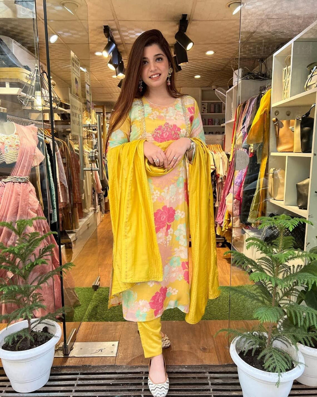 ANNI DESIGNER Womens Cotton Blend Embroidered Floral Printed Straight Kurta with Pant & Dupatta (LITUP-Yellow_S_Yellow_Small)