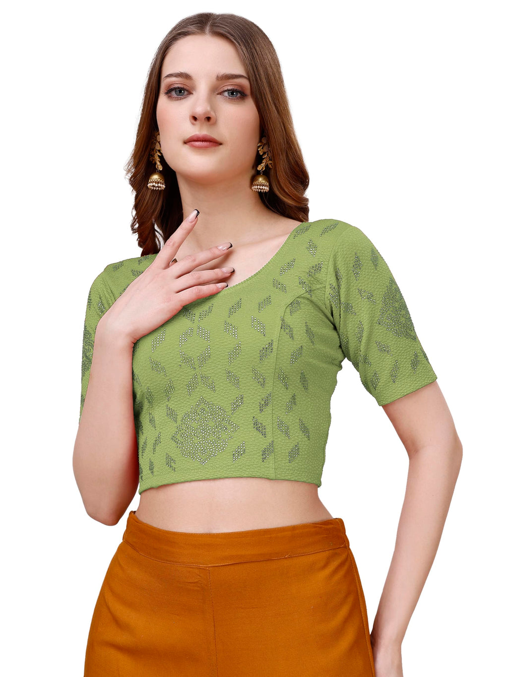 Pujia Mills WomenS Readymade Hosiery Lycra Stretchable Round Neck Half Sleeve Blouse With Swaroski Work Fancy Lycra Stretchable