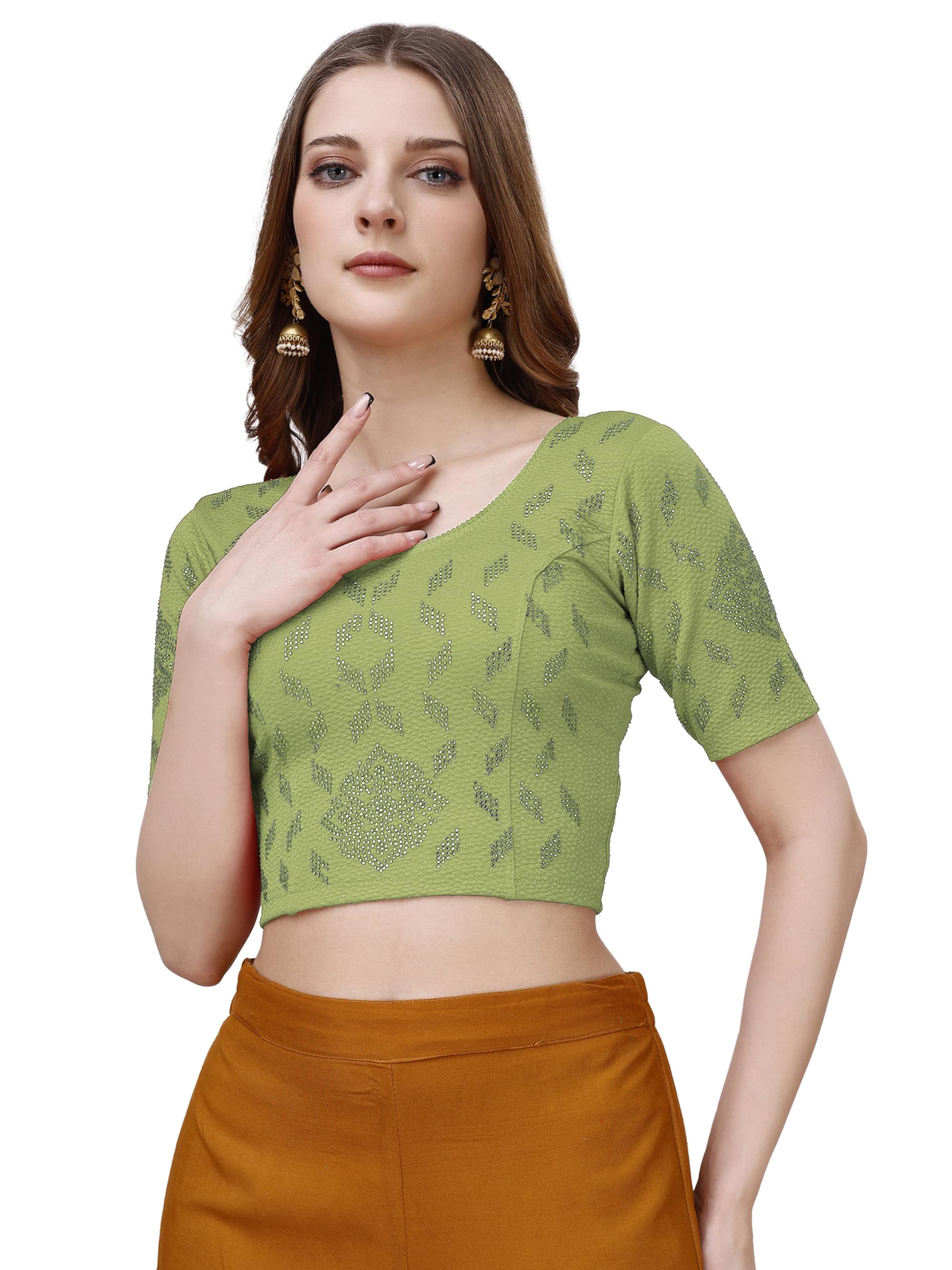 Pujia Mills WomenS Readymade Hosiery Lycra Stretchable Round Neck Half Sleeve Blouse With Swaroski Work Fancy Lycra Stretchable
