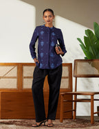 W Blue Floral Printed Shirt-Style Top for Women