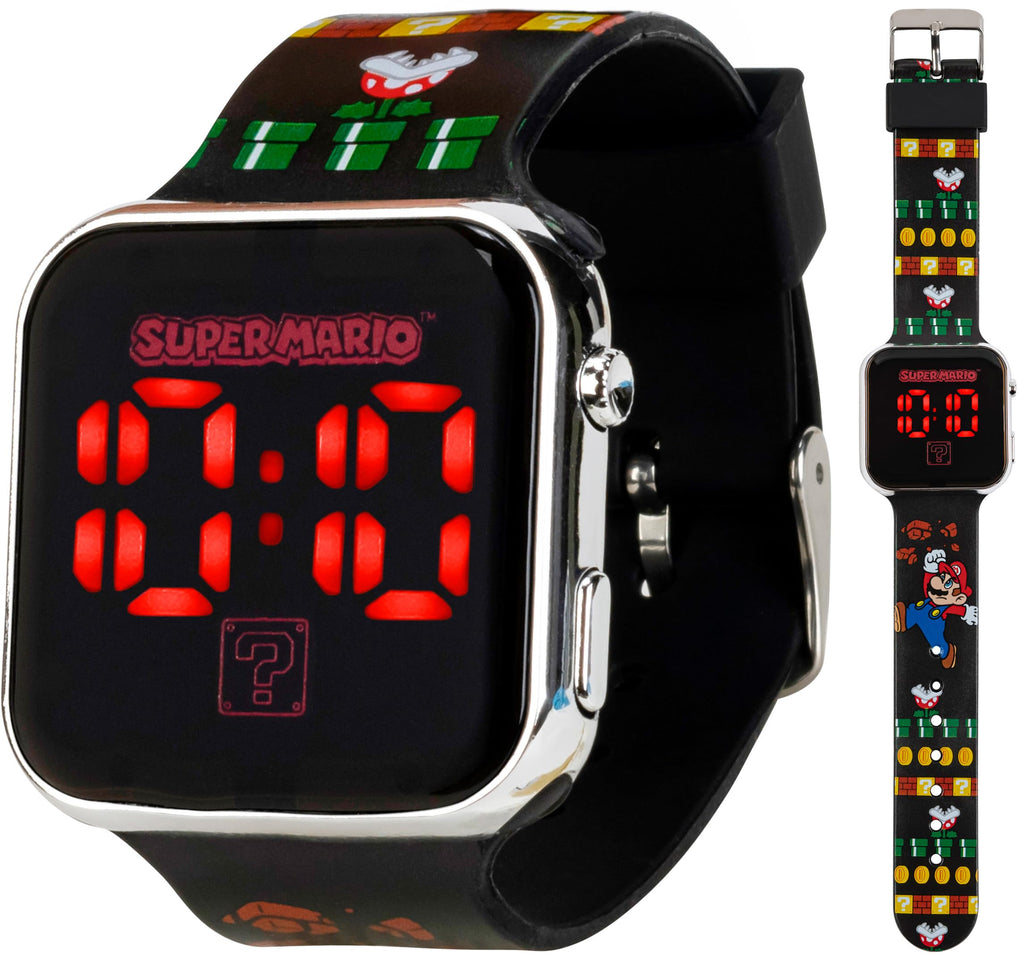 Accutime Nintendo Super Mario Kids LED Watch - Silver Plastic Case, Red LED Display, Iconic Mario Design, Durable Strap with Pri
