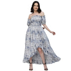 Oomph! Flared Dress For Women Stylish | Long One Piece For Women | Off Shoulder Puff Sleeve Long Dress | Floral Print Maxi One P