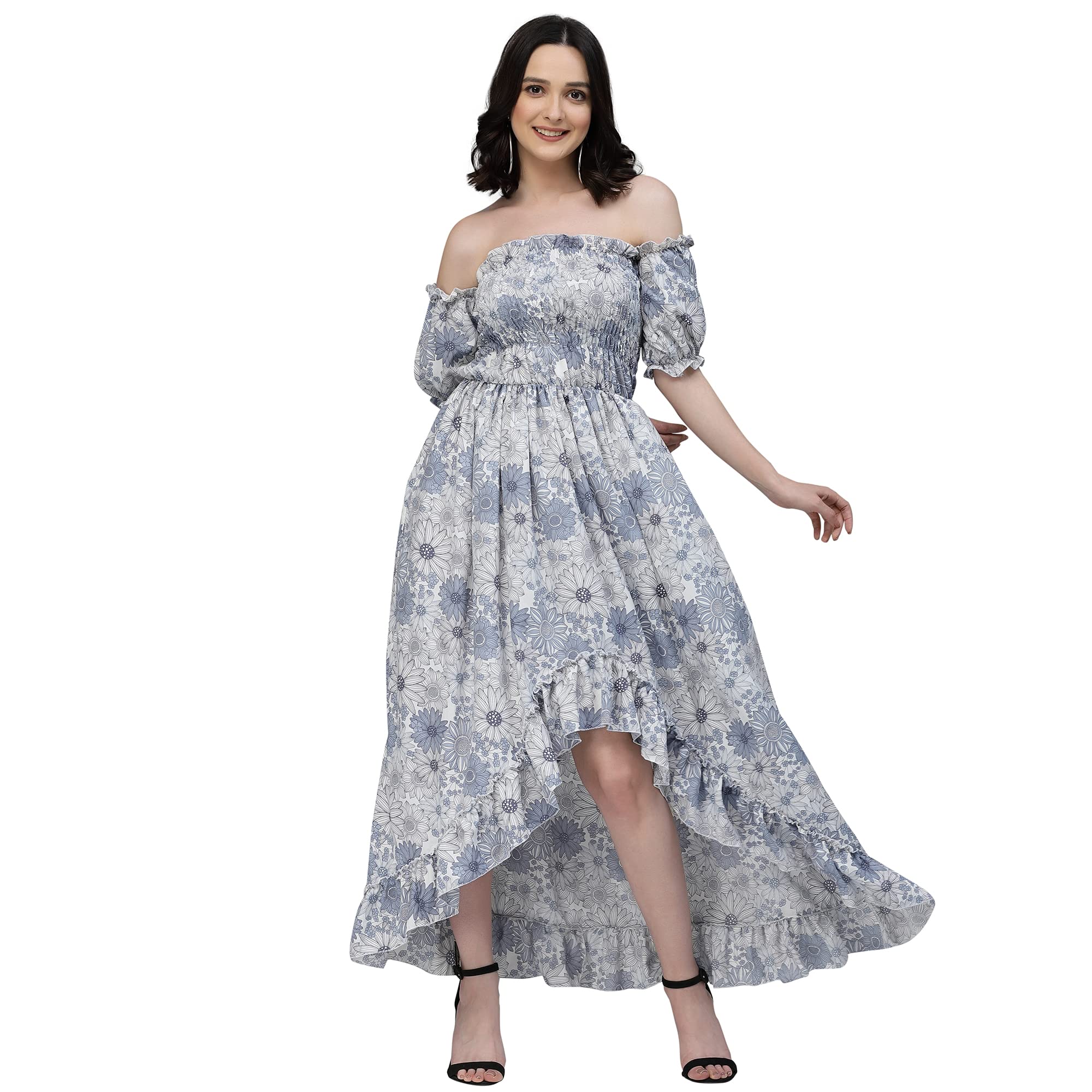 Oomph! Flared Dress For Women Stylish | Long One Piece For Women | Off Shoulder Puff Sleeve Long Dress | Floral Print Maxi One P