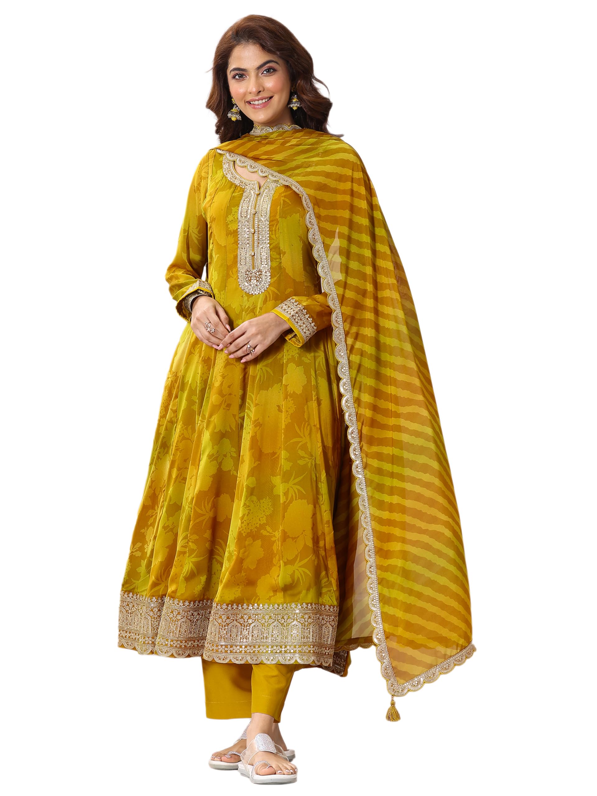 Libas Mustard Floral Printed Anarkali Kurta With Embellishment & Printed Trouser With Leheriya Dupatta