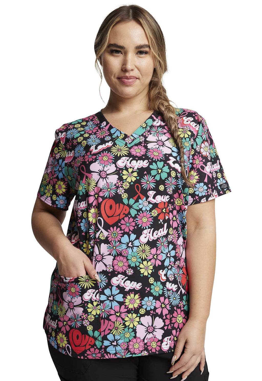 Dickies EDS Women Scrubs Top V-Neck Print DK876, M, Love Hope Heal